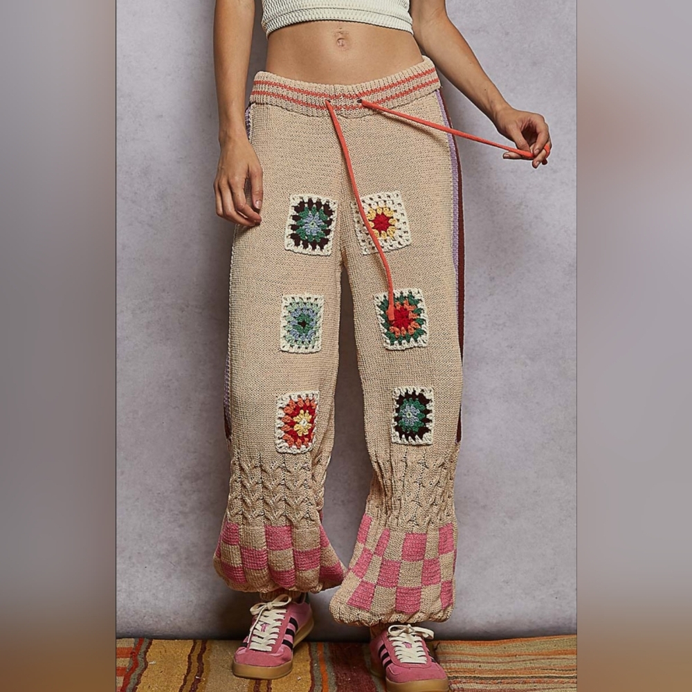 POL Beige Crocheted Patchwork Wide Leg Pants with Pink Accents